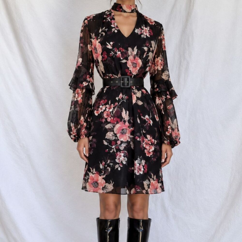 Vintage Y2K Black Floral Long Puffy Sleeve Ruffle Knee Length Tunic Dress S/M